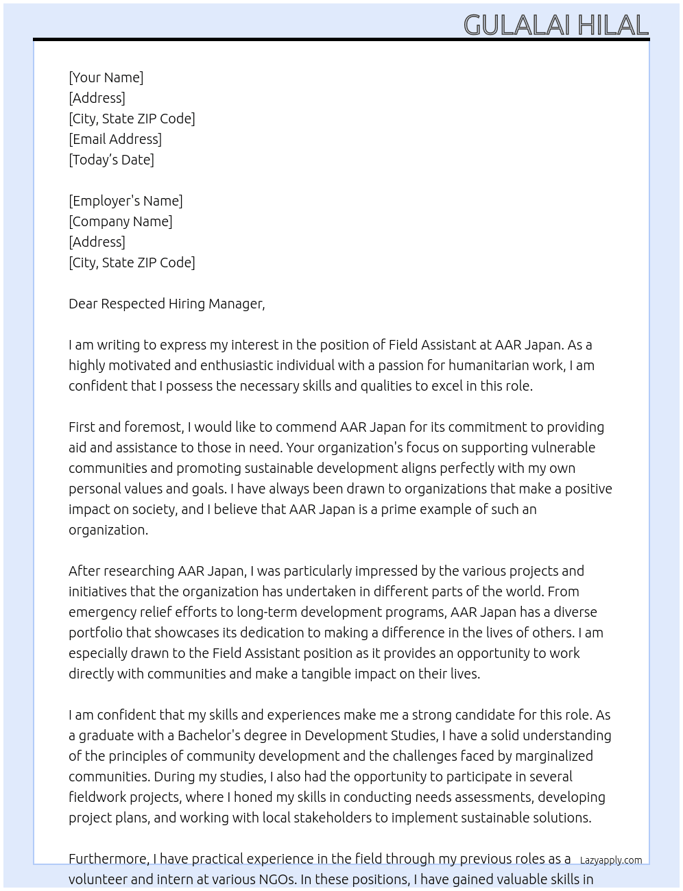 Field assistant  At AAR Japan Cover Letter