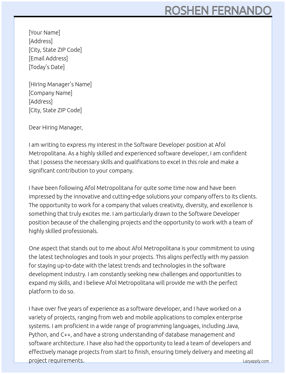 Software developmee At Afol metropolitana Cover Letter