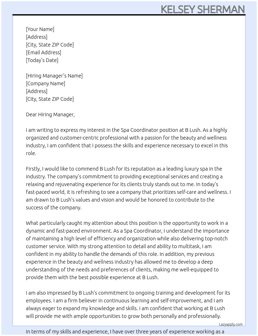 Spa Coordinator At B Lush Cover Letter