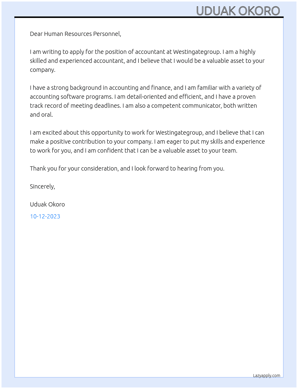 Accountant  At Westingategroup Cover Letter