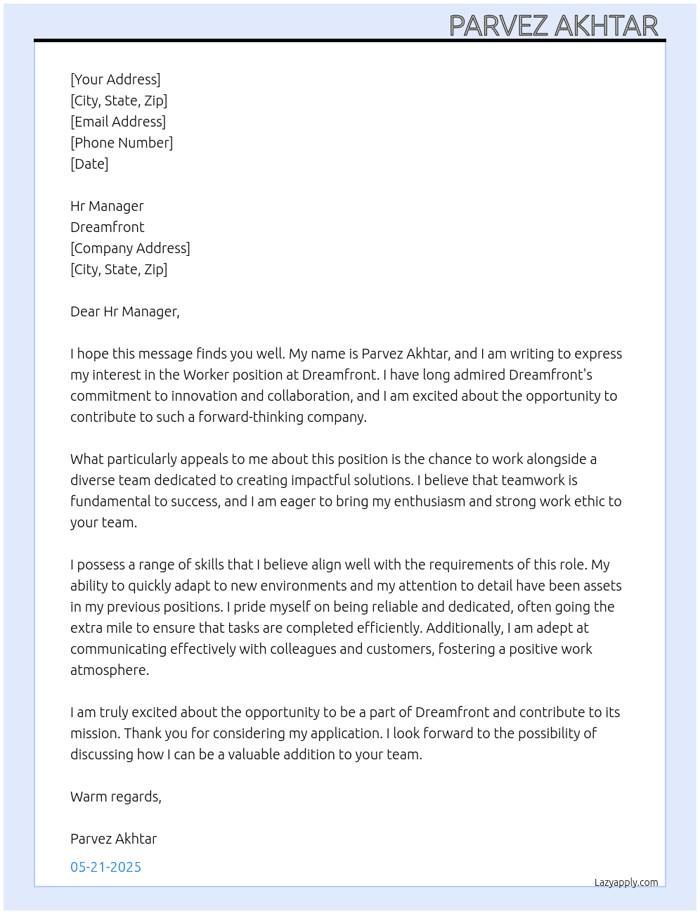 Worker At Dreamfront  Cover Letter