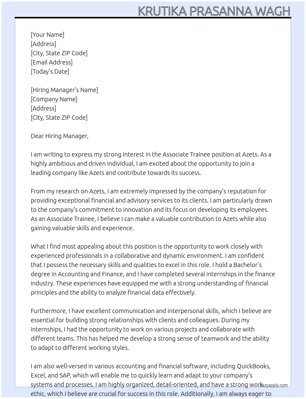 Associate trainee  At Azets Cover Letter