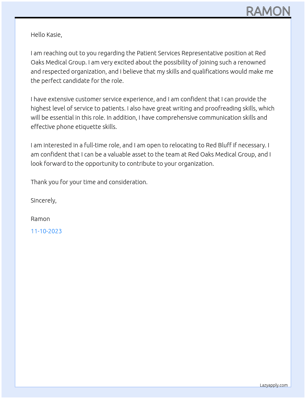 Patient Services Representative At Red Oaks Medical Group Cover Letter