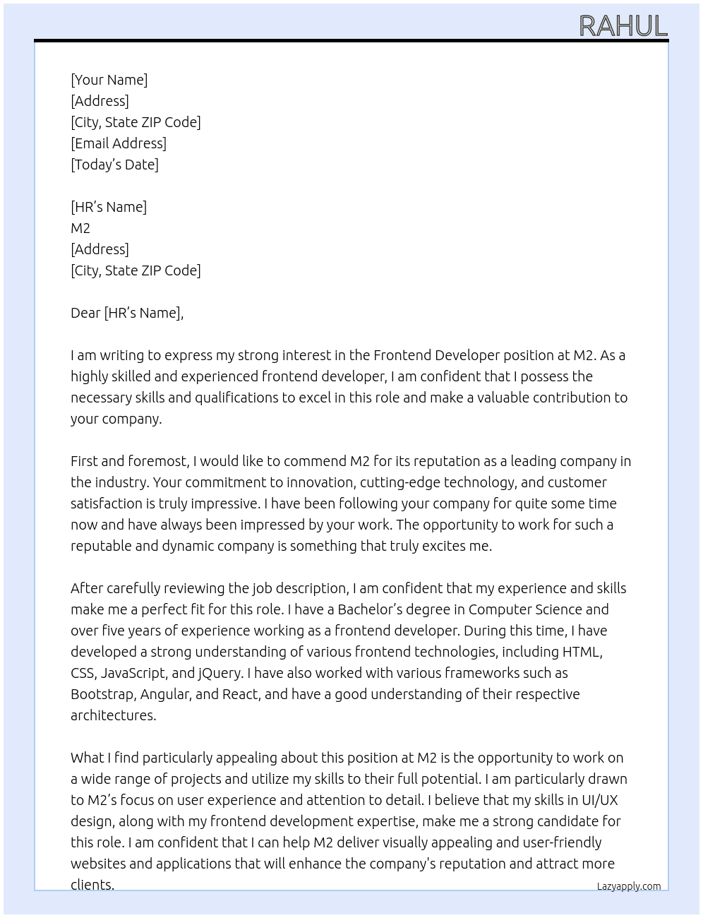 frotend developer At M2 Cover Letter