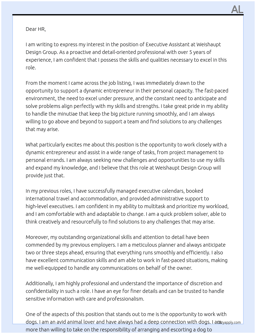 Executive Assistant At Weishaupt Design Group Cover Letter