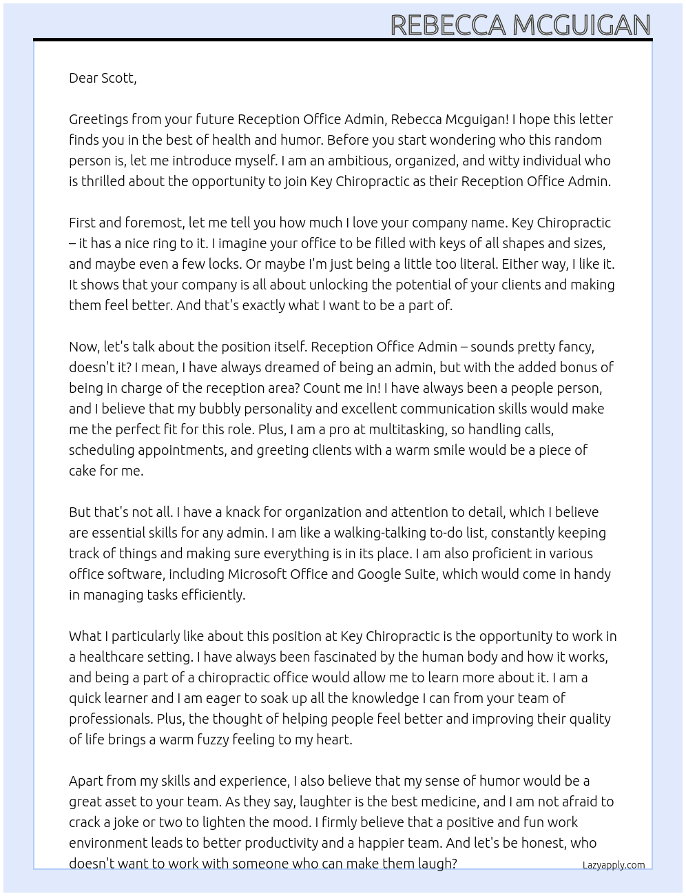 Reception office admin At Key chiropractic  Cover Letter