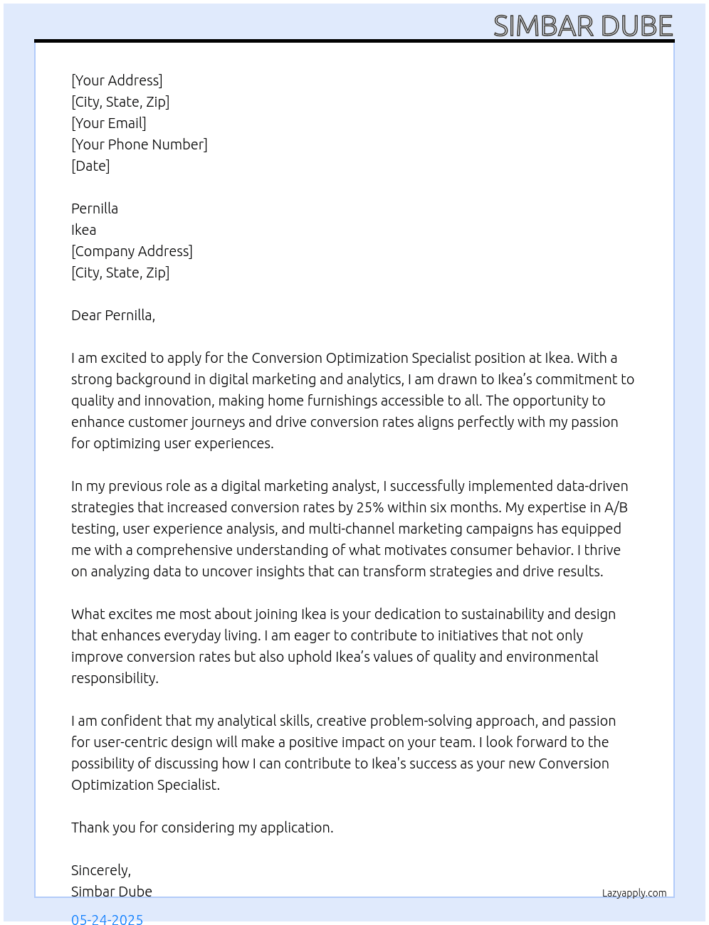 Conversion Optimization Specialist  At Ikea Cover Letter