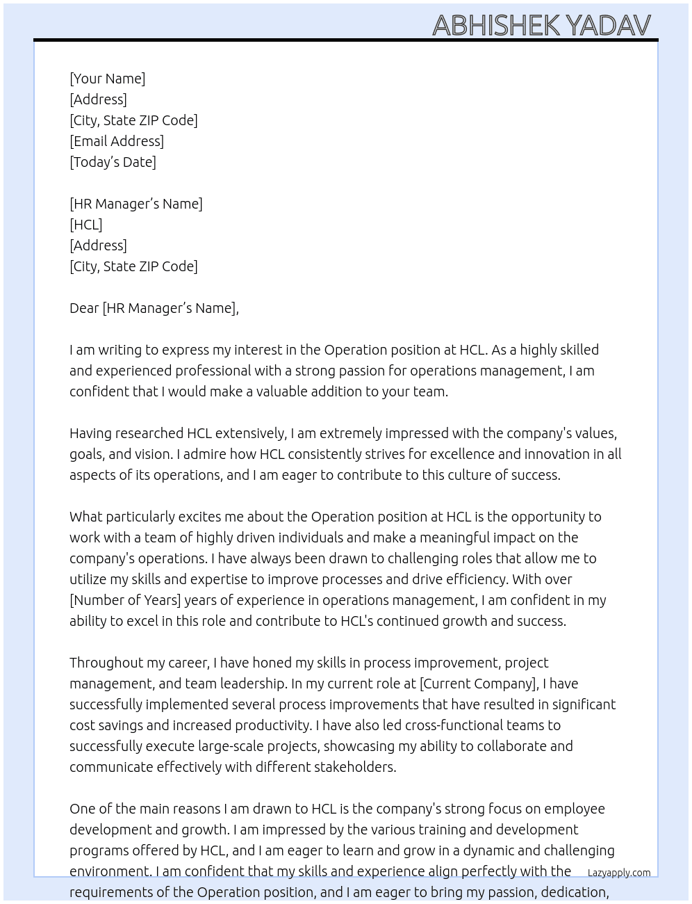 Operation At HCL Cover Letter