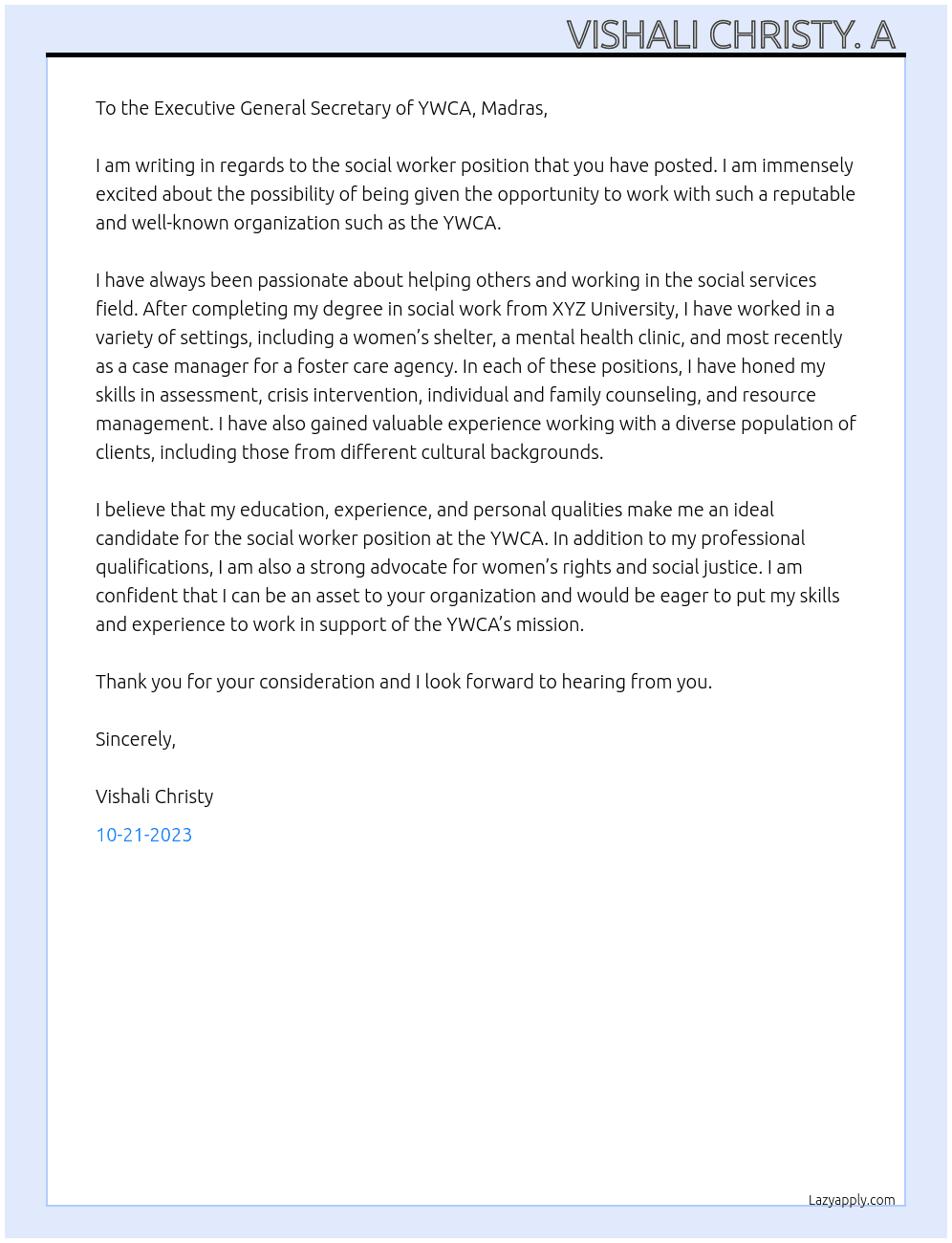 Social Worker  At YWCA, Madras  Cover Letter