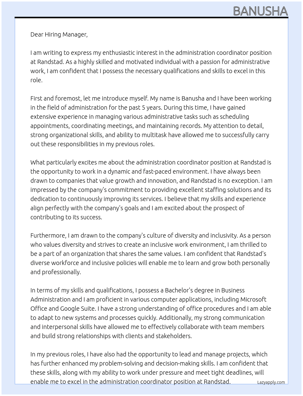administration coordinator At randstad Cover Letter