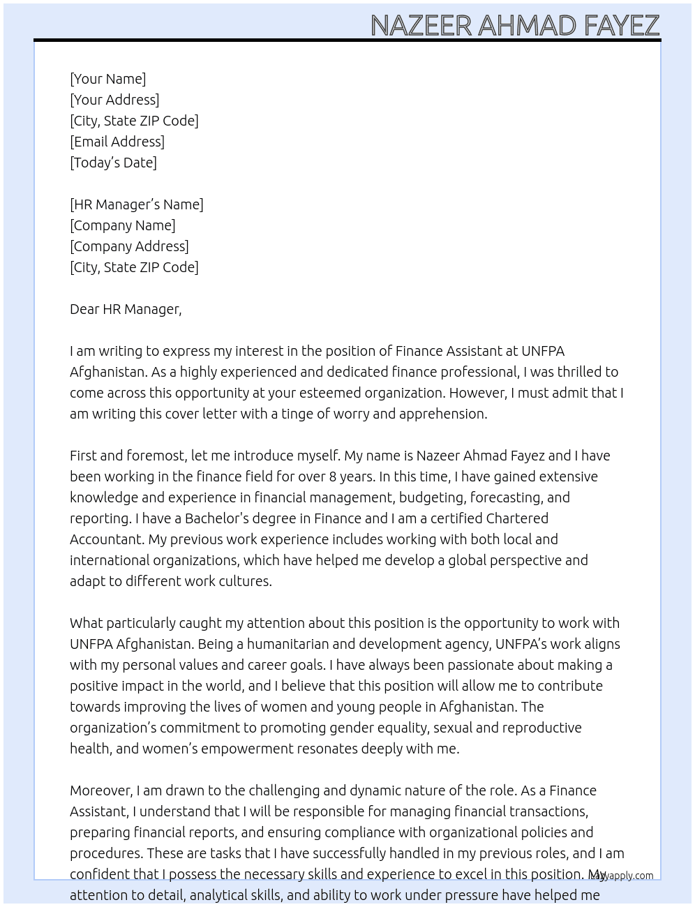 Finance Assistant At UNFPA Afghanistan Cover Letter