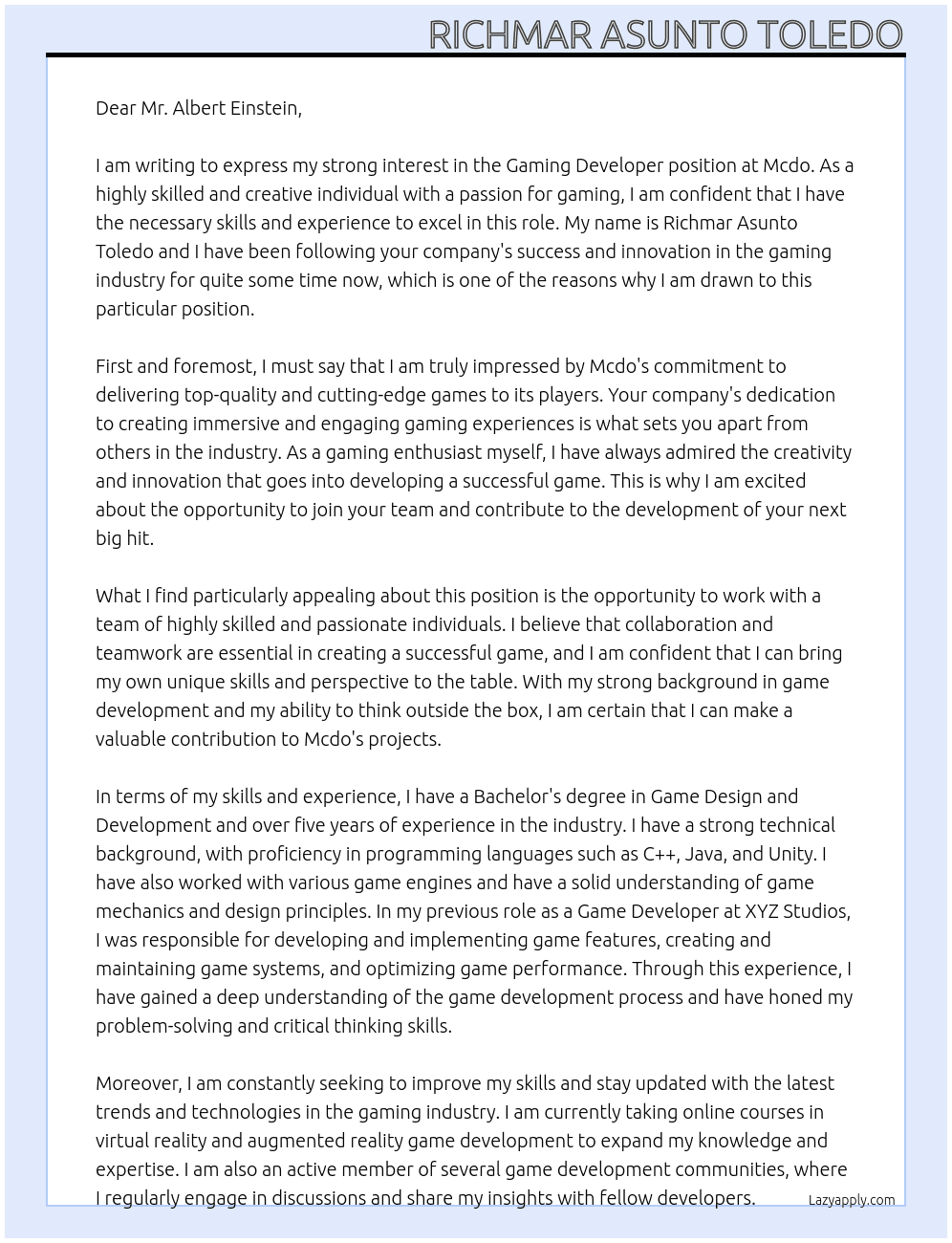 Gaming Developer At Mcdo Cover Letter