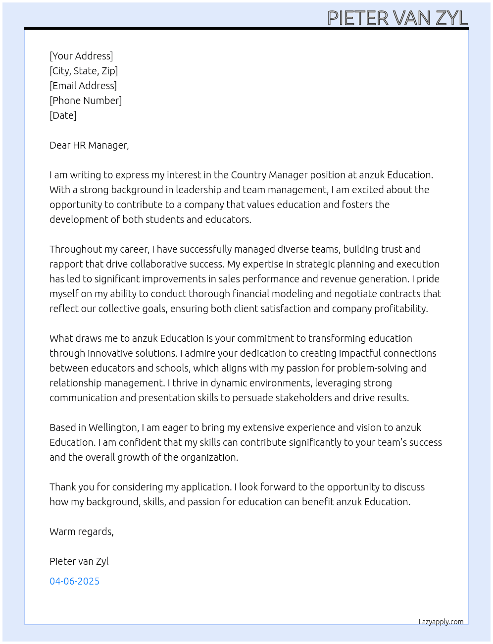 Country Manager At anzuk Education Cover Letter