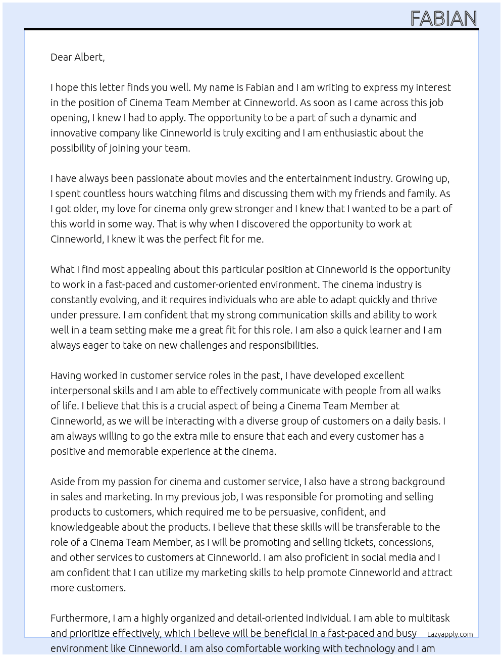 Cinema Team Member At Cinneworld Cover Letter