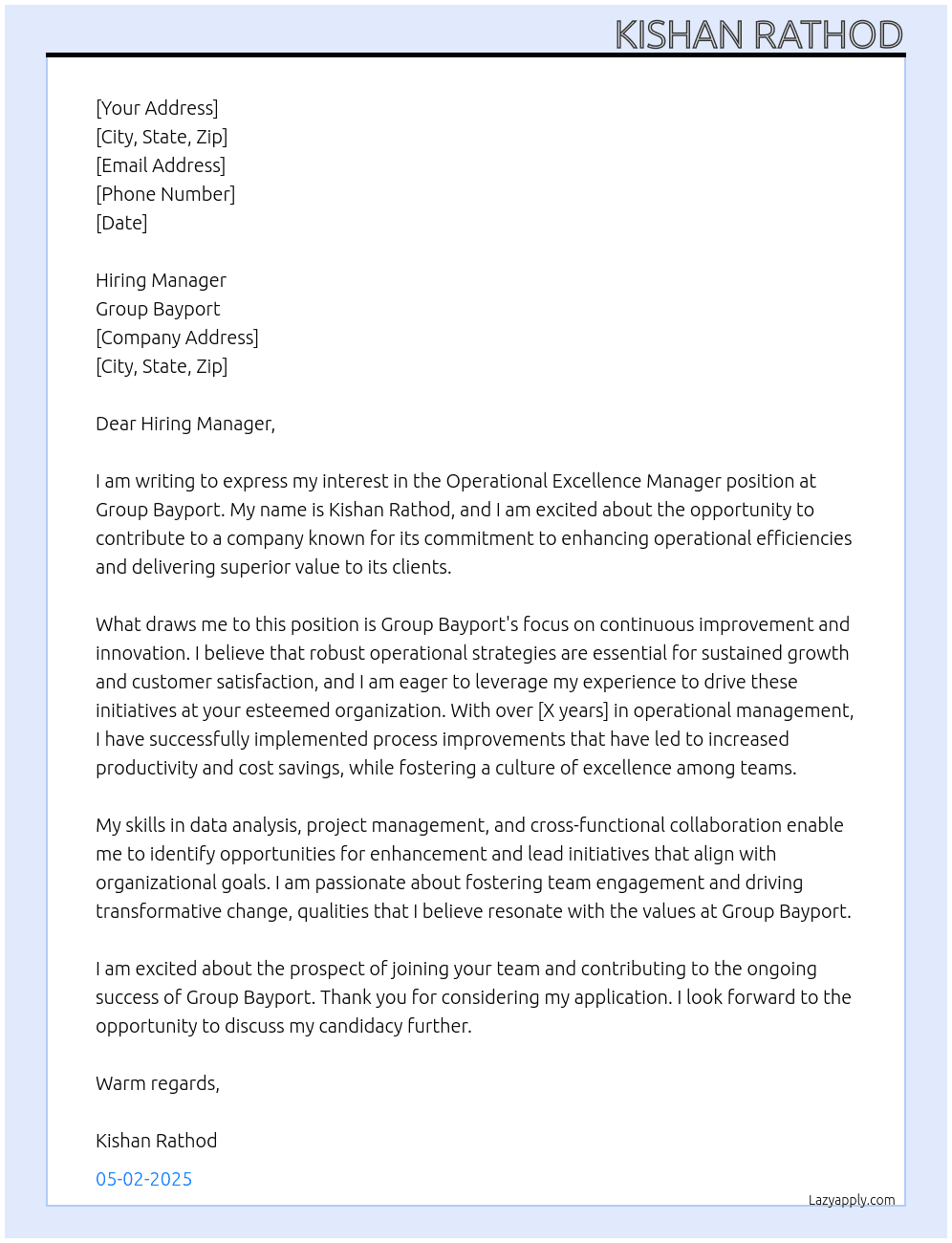 Operational Excellence - Manager At Group Bayport Cover Letter