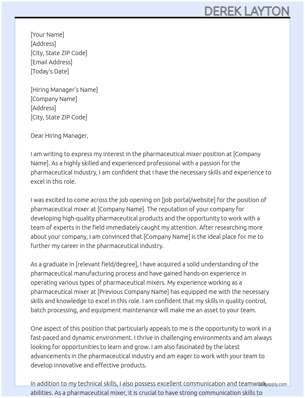 pharmaceutical mixer At Pharmaceutical Company Cover Letter