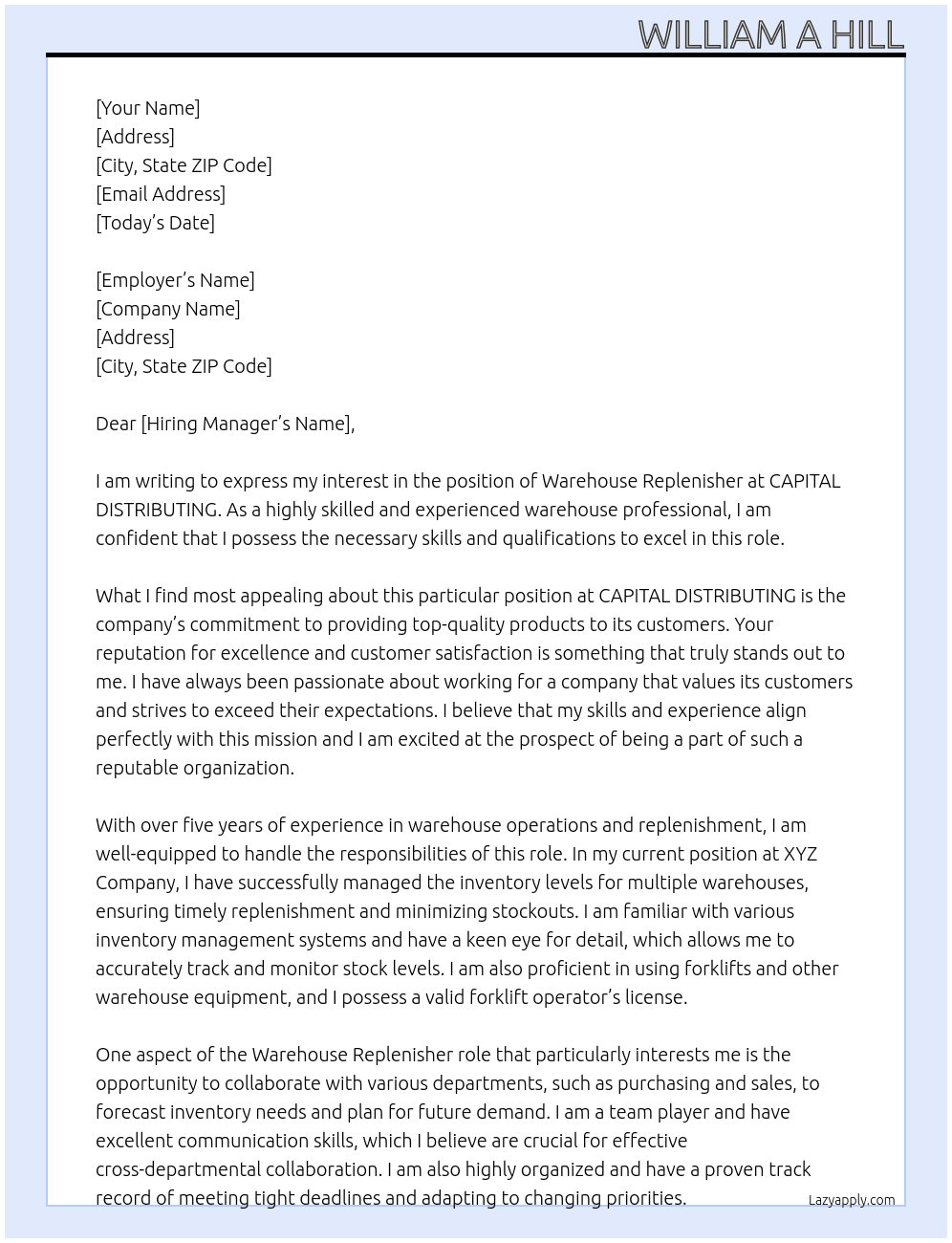 Warehouse Replenisher At CAPITAL DISTIBUTING Cover Letter