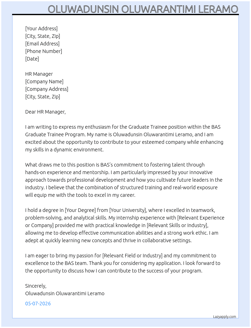 Graduate trainee At bas graduate trainee program Cover Letter