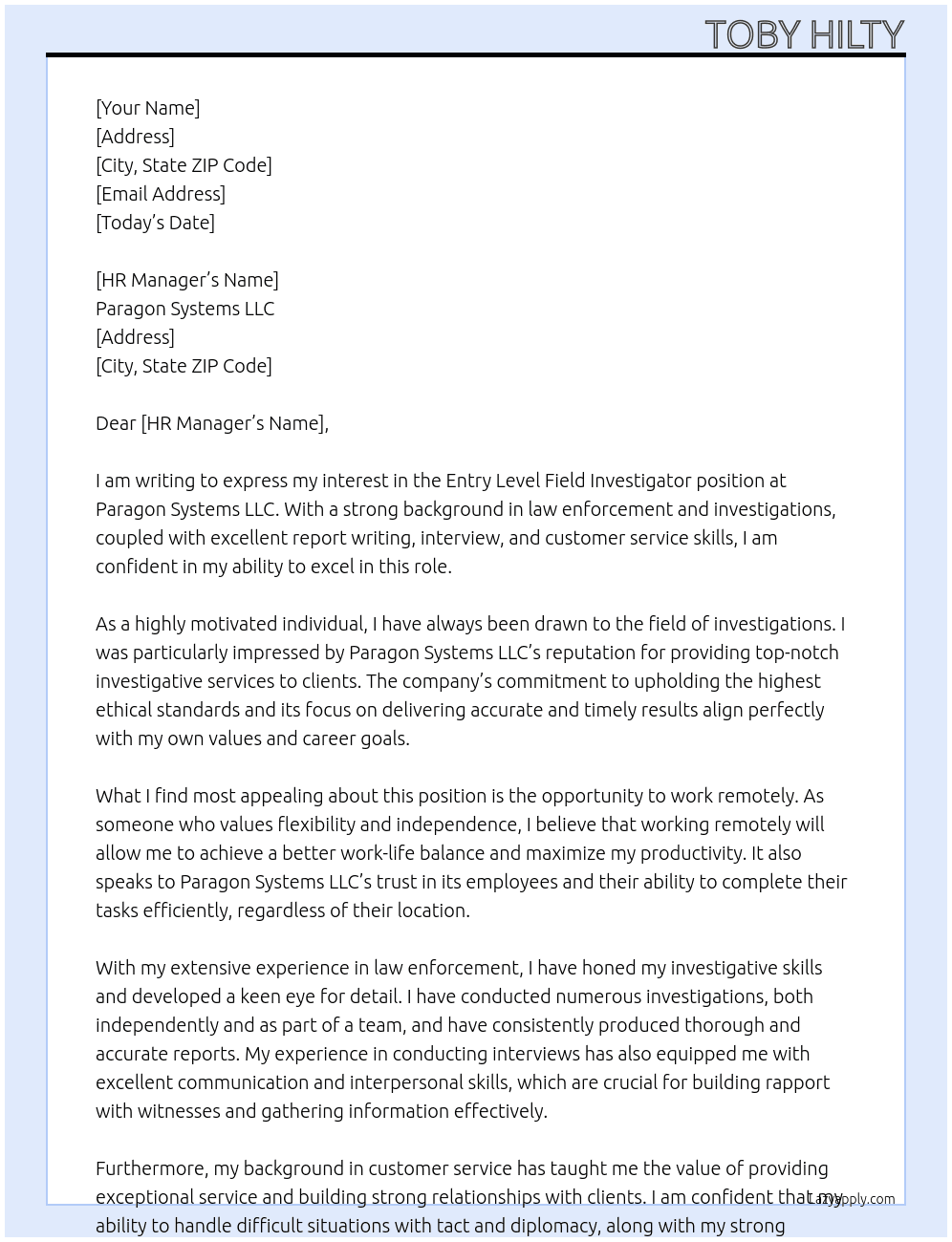 Entry Level Field Investigator At Paragon Systems LLC Cover Letter