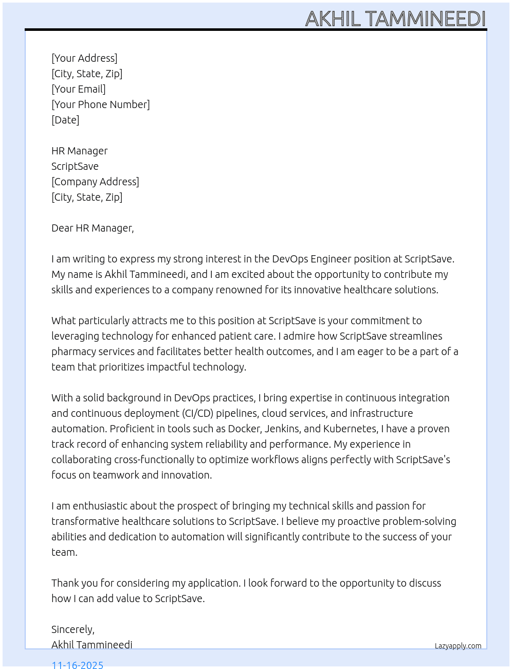DevOps engineer At ScriptSave Cover Letter