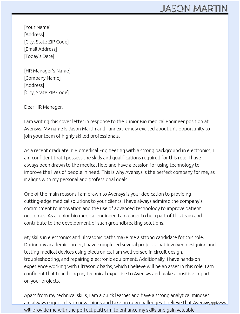 Junior Bio medical engineer  At Avensys  Cover Letter