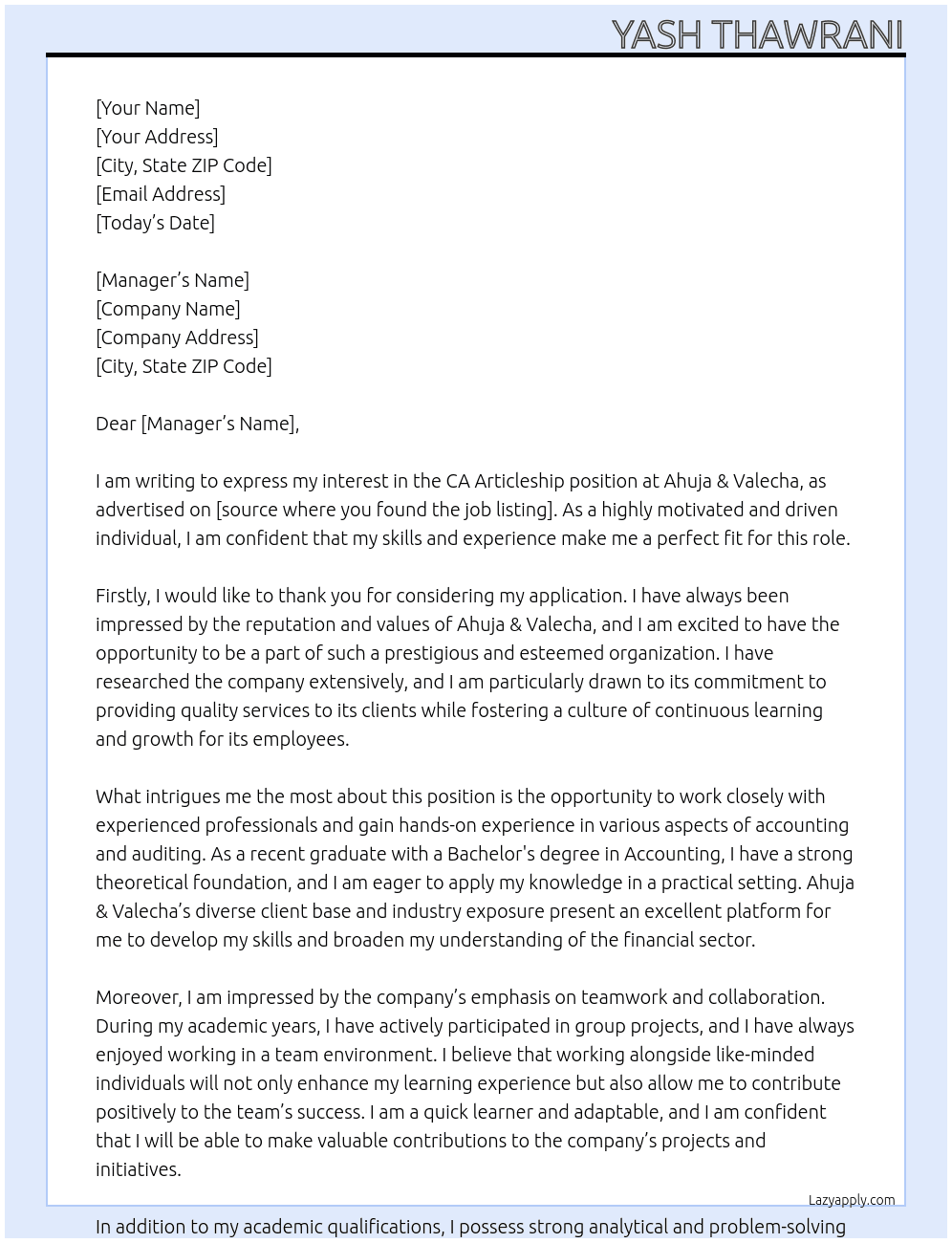 ca articleship At Ahuja & Valecha Cover Letter