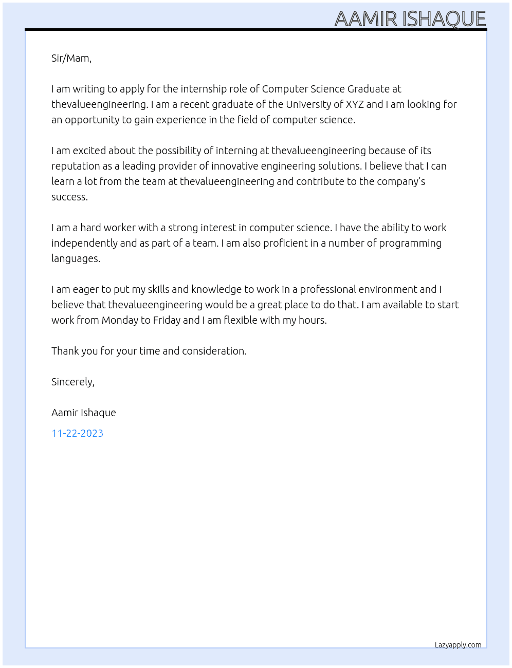 Intern Computer Science Graduate At thevalueengineering Cover Letter