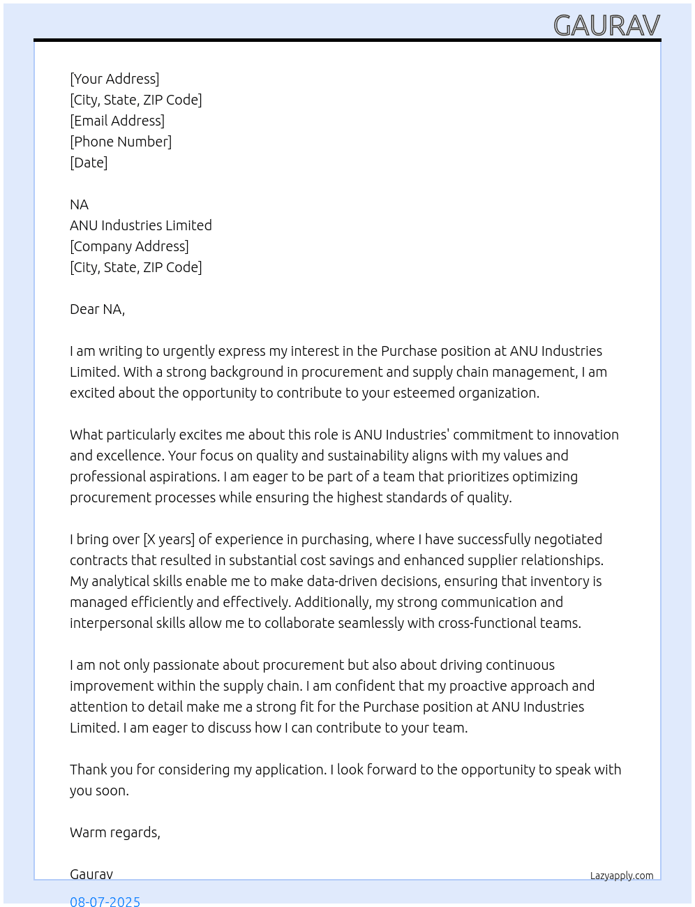 purchase At ANU industries limited Cover Letter