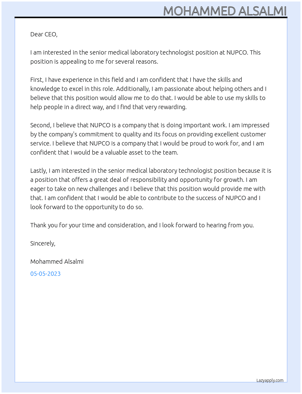 senior medical laboratory technologist At NUPCO Cover Letter