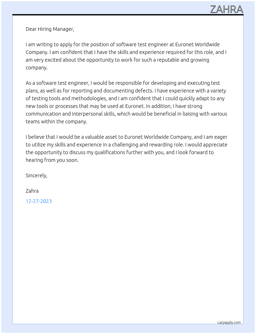 software test engineer At Euronet Worldwide Company Cover Letter