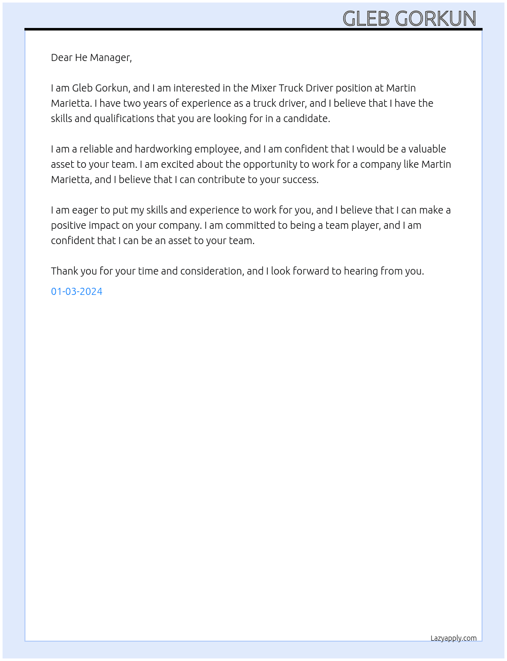 Mixer truck driver  At MARTIN MARIETTA Cover Letter