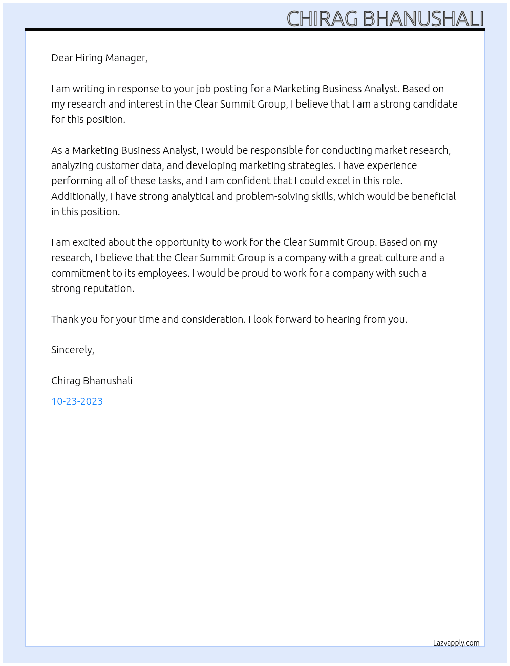 Marketing Business Analyst At Clear Summit Group Cover Letter