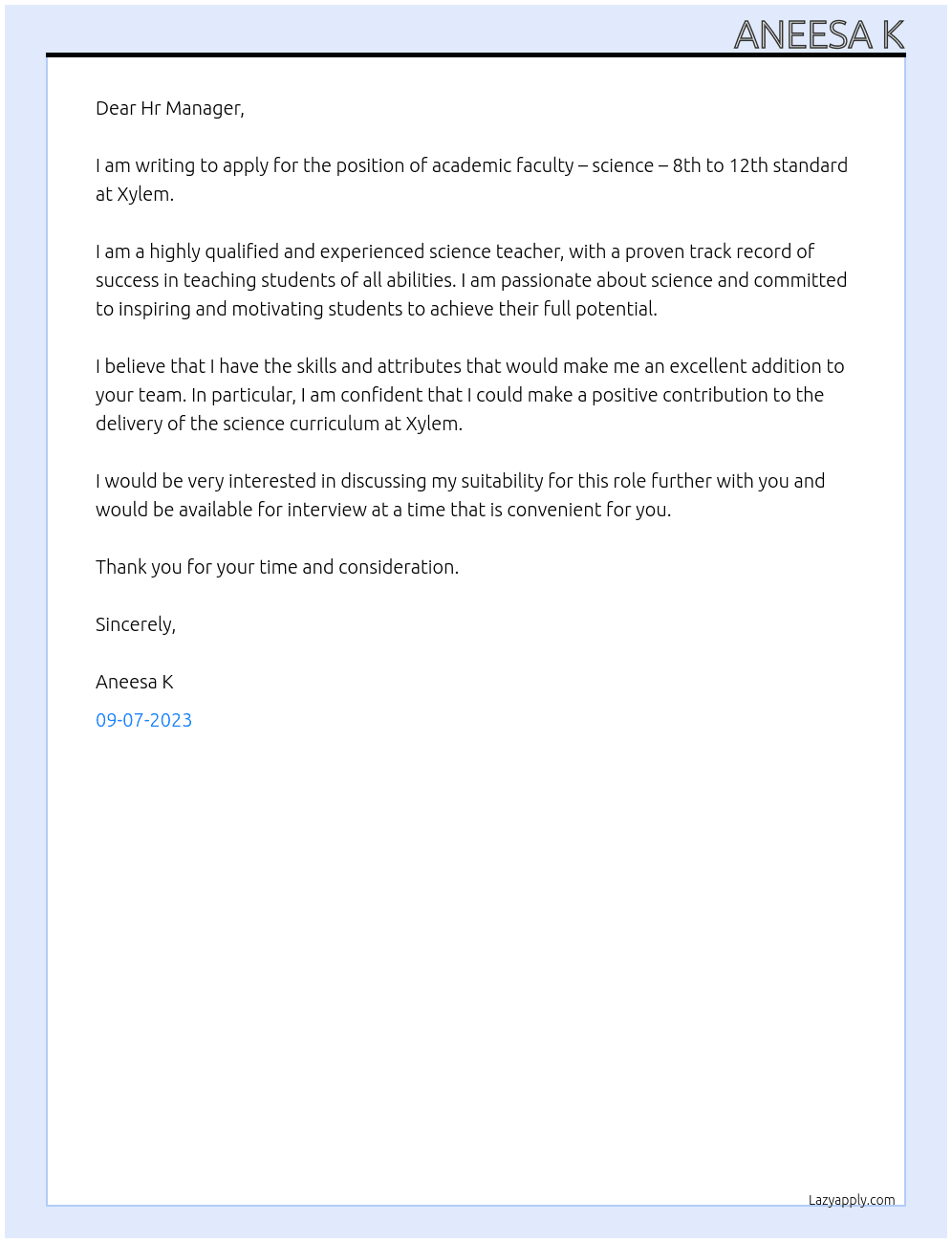 ACADEMIC FACULTY – SCIENCE – 8TH TO 12TH STANDARD At Xylem Cover Letter