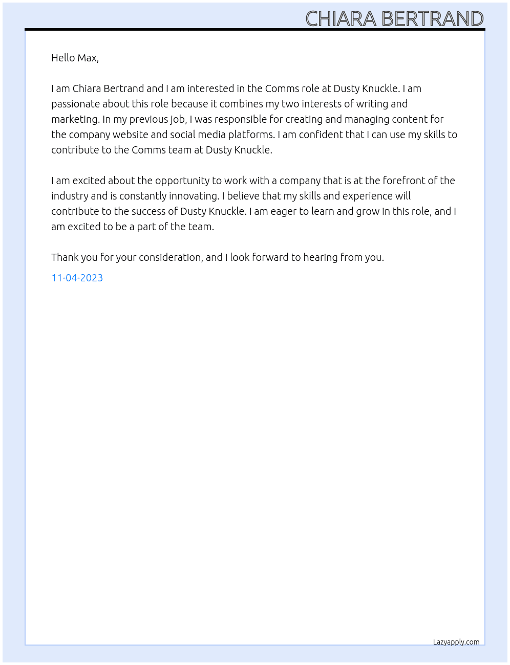 Comms role At Dusty Knuckle  Cover Letter