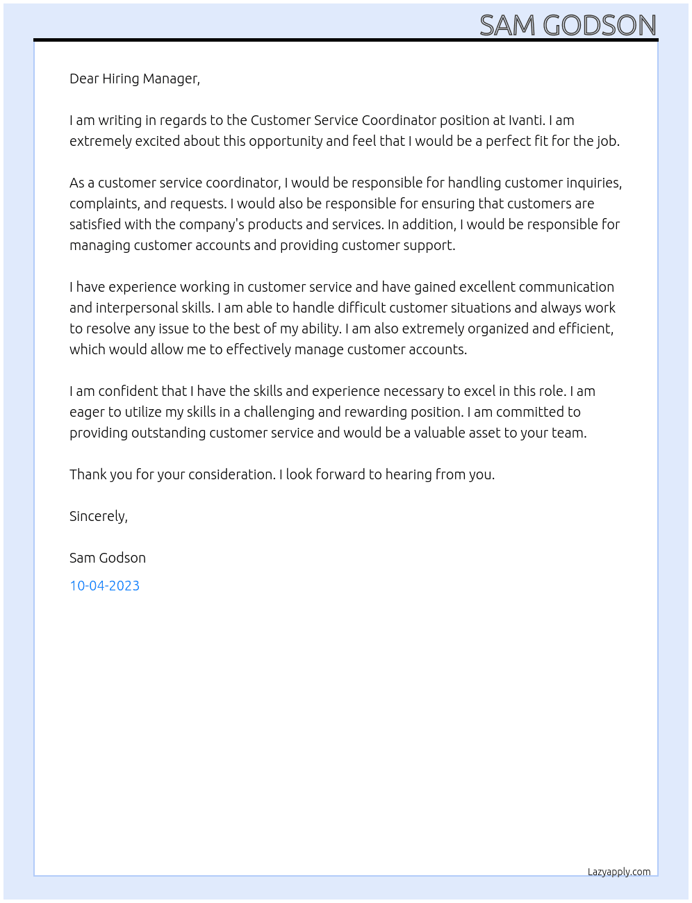 Customer Service Coordinator At Ivanti Cover Letter