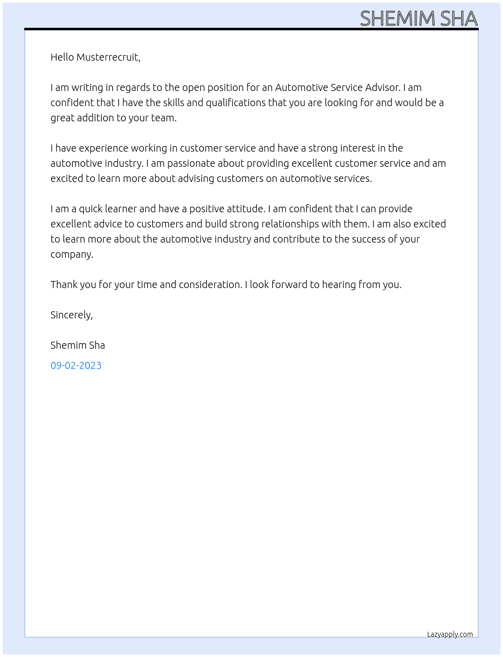 AUTOMOTIVE SERVICE ADVISOR At musterrecruit Cover Letter