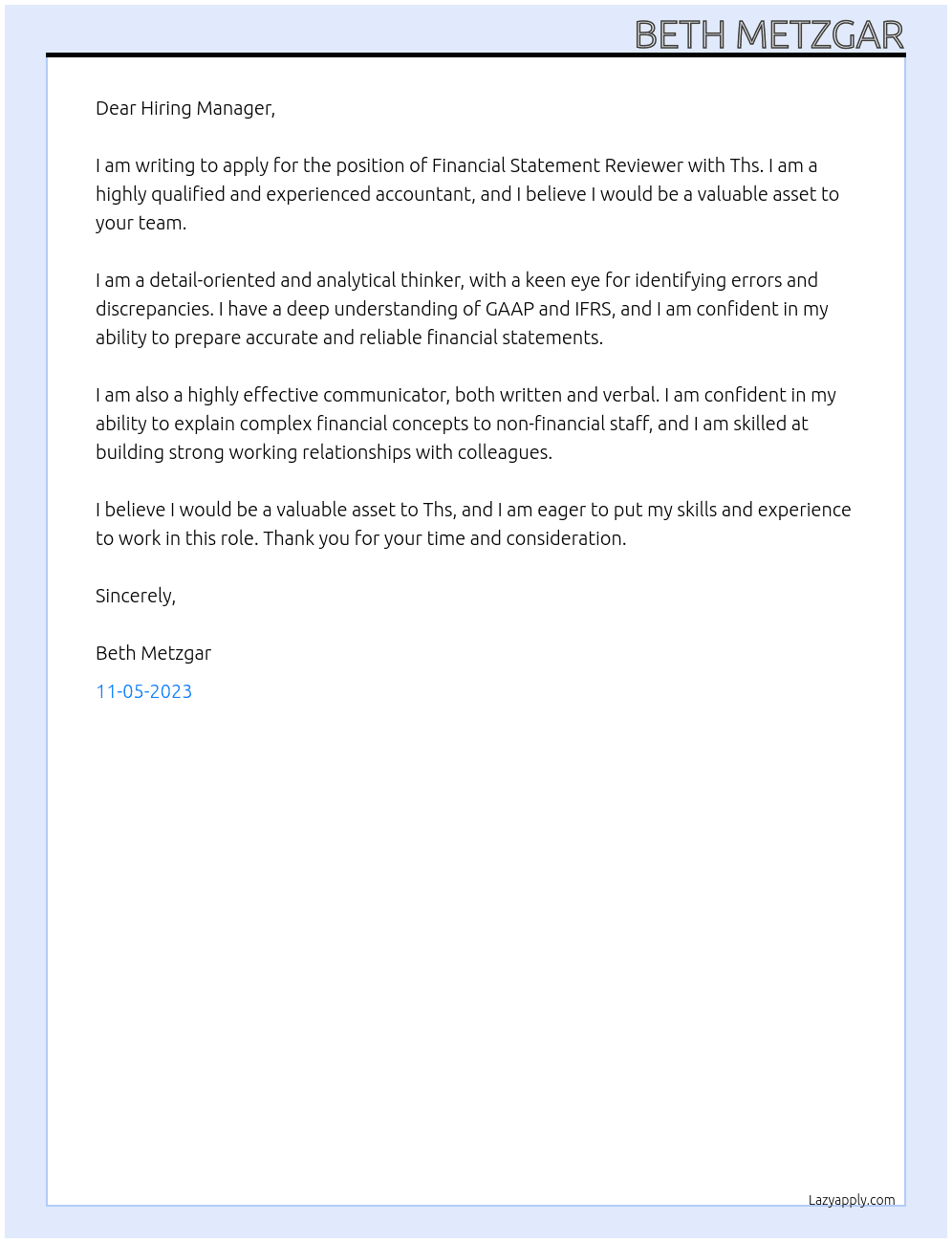 Financial Statement Reviewer At Ths Cover Letter