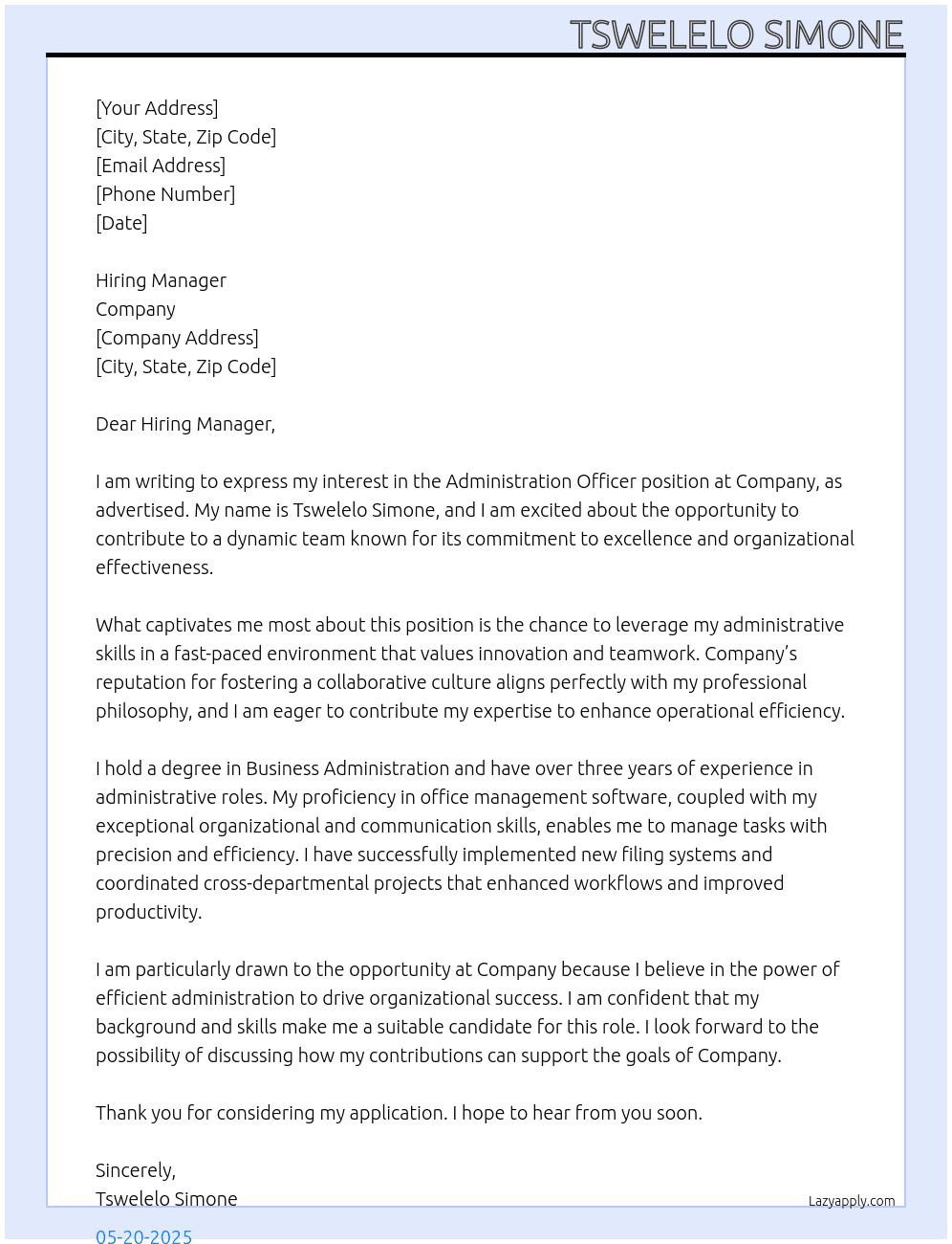 Administration officer At company  Cover Letter