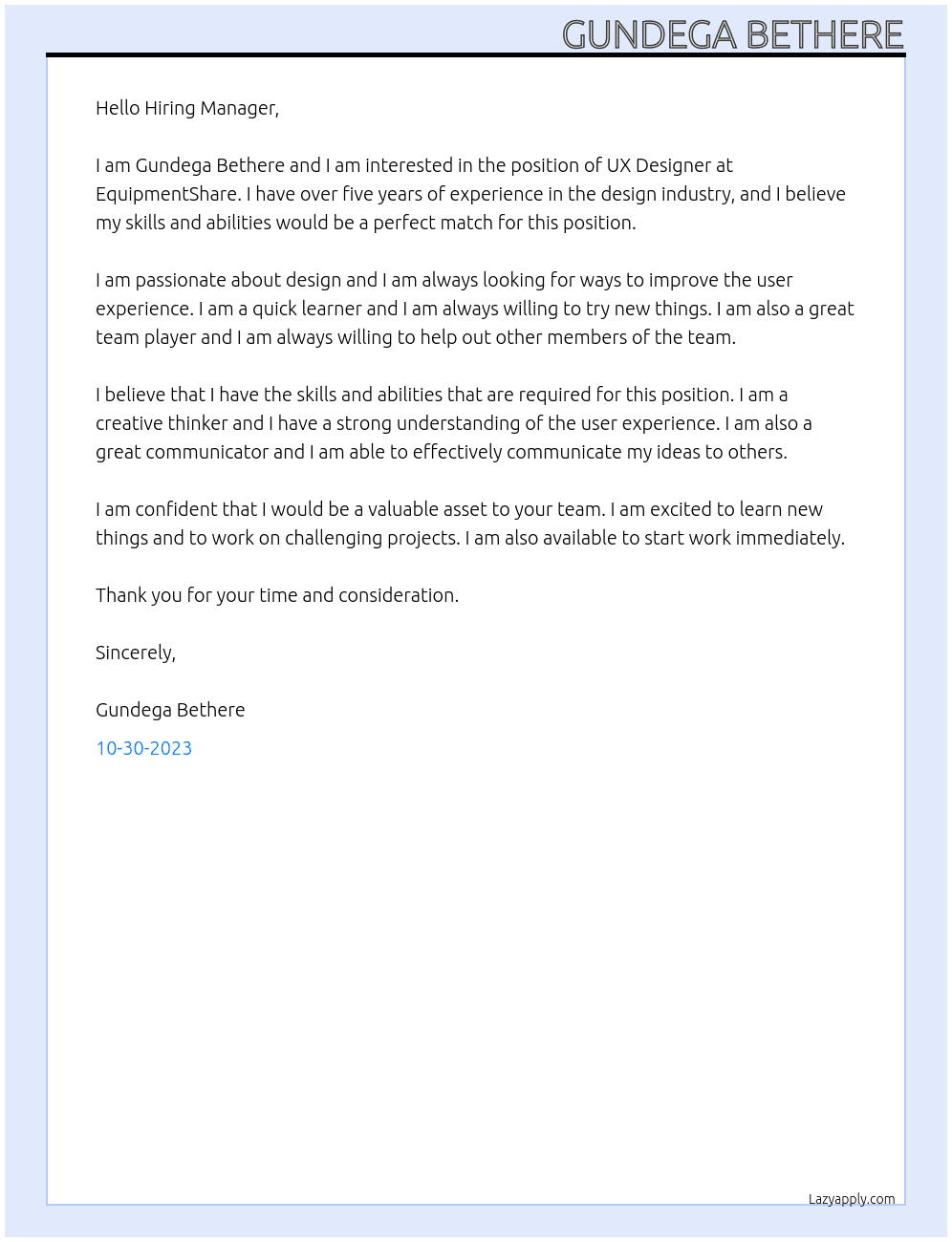 UX Staff UX Designer  At EquipmentShare  Cover Letter