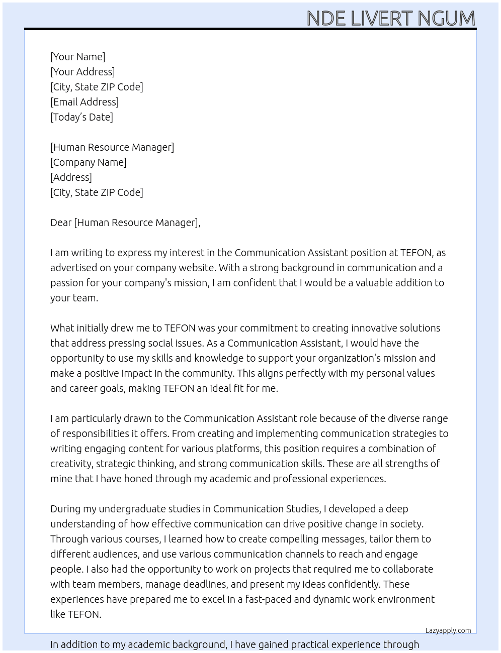 Communication Assistant At TEFON Cover Letter