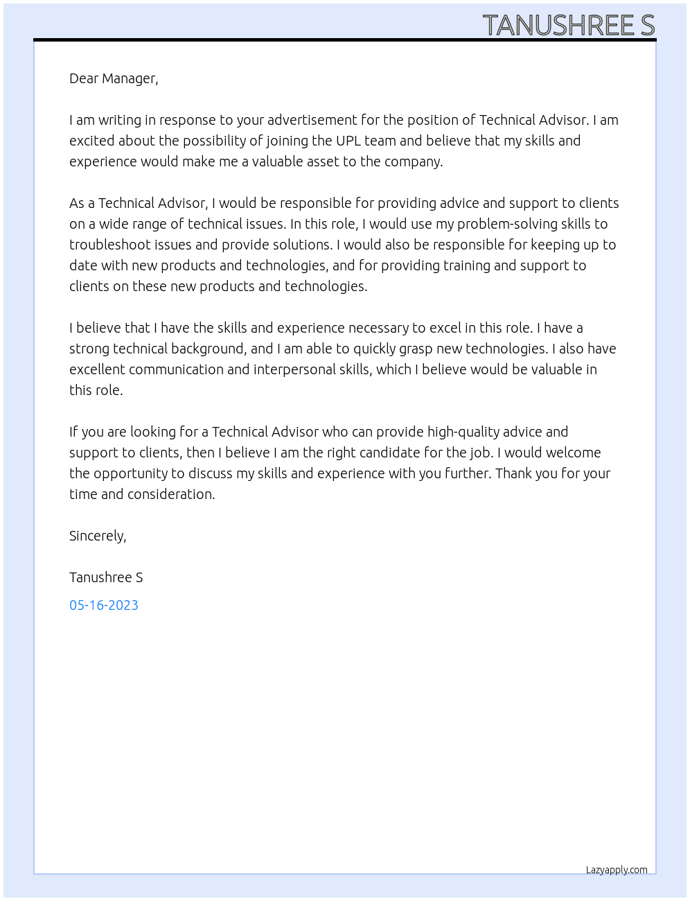 Technical advisor At UPL Cover Letter