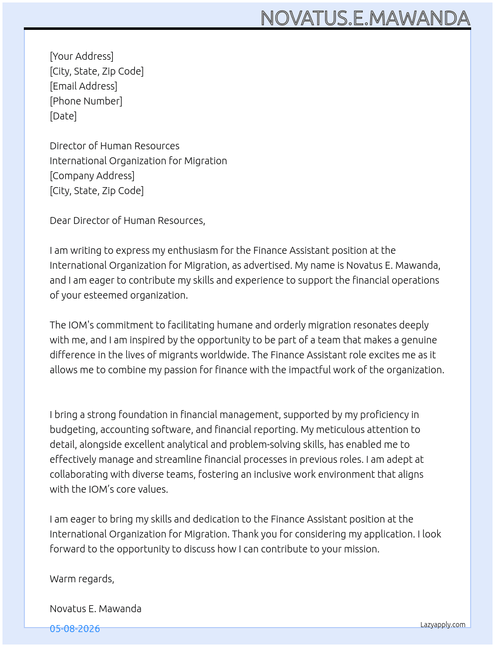 Cover letter for finance assistant - LazyApply