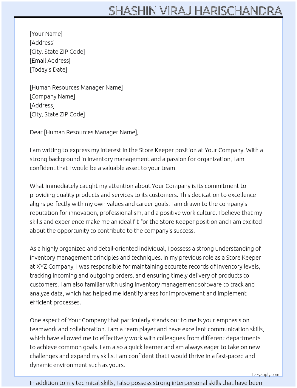 Store keeper At Your company  Cover Letter