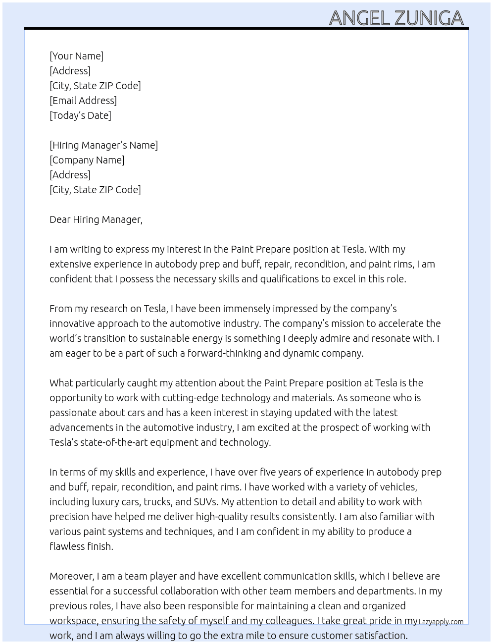 Paint prepare  At Tesla  Cover Letter