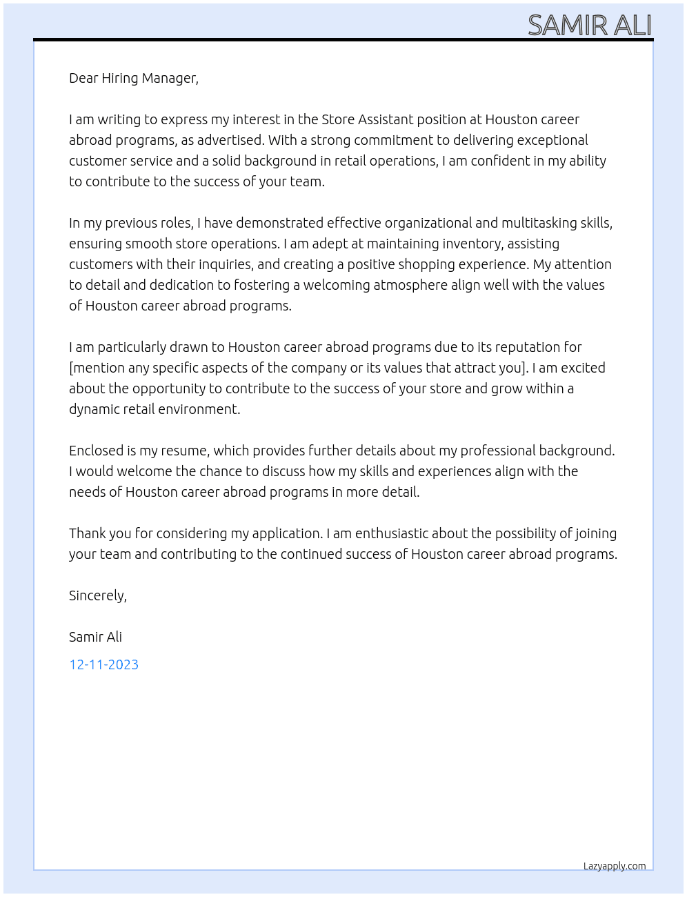 Store assistant  At Houston career abroad programs  Cover Letter