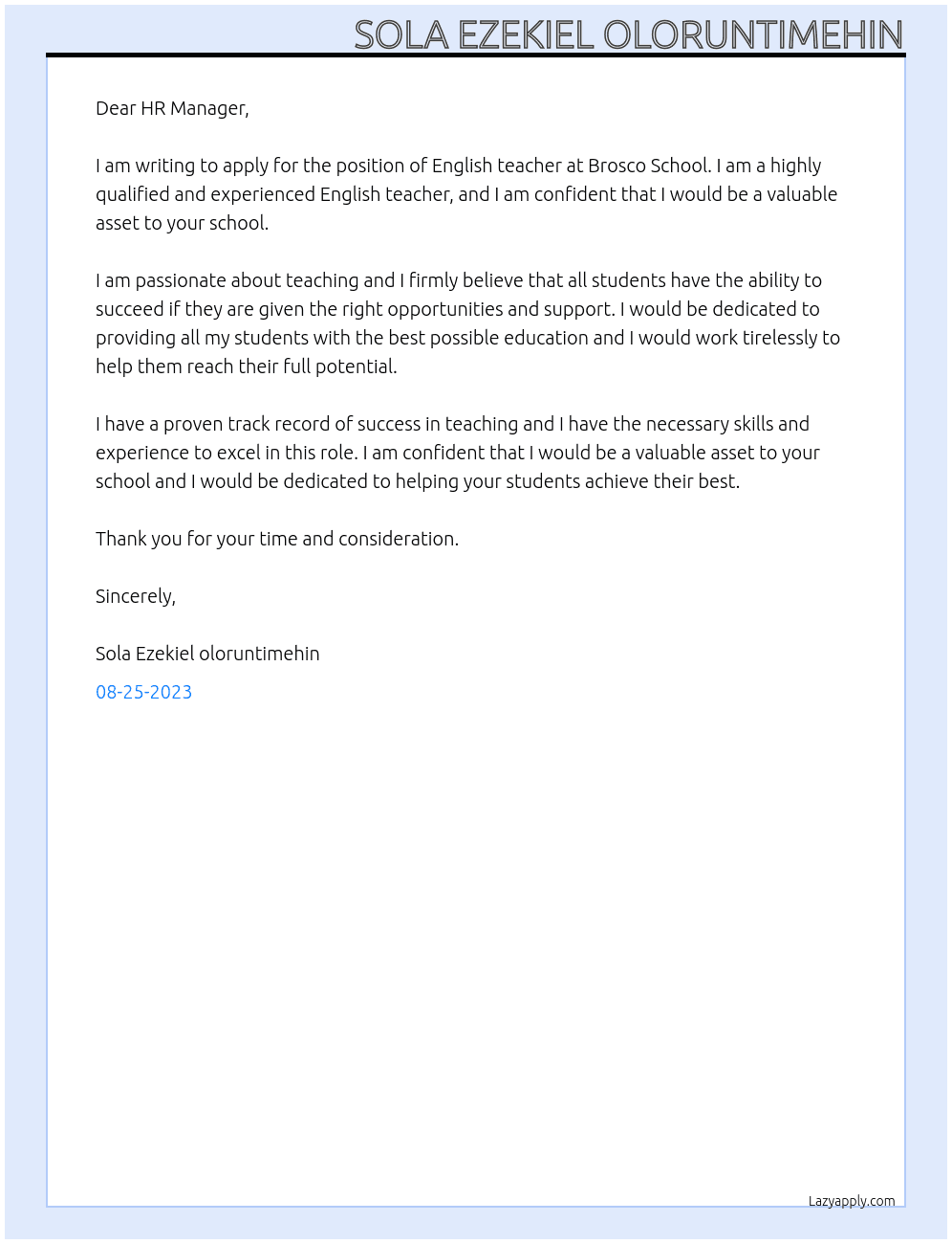 English teacher At Brosco School Cover Letter
