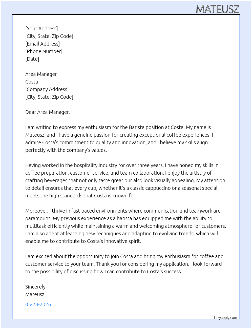 Barista At Costa Cover Letter