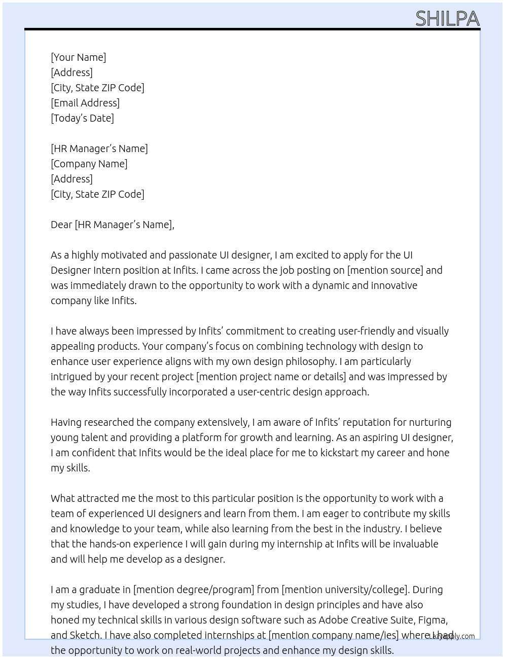 UI designer intern At infits Cover Letter