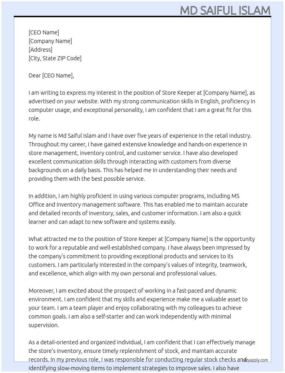 store keeper  At post of store keeper  Cover Letter