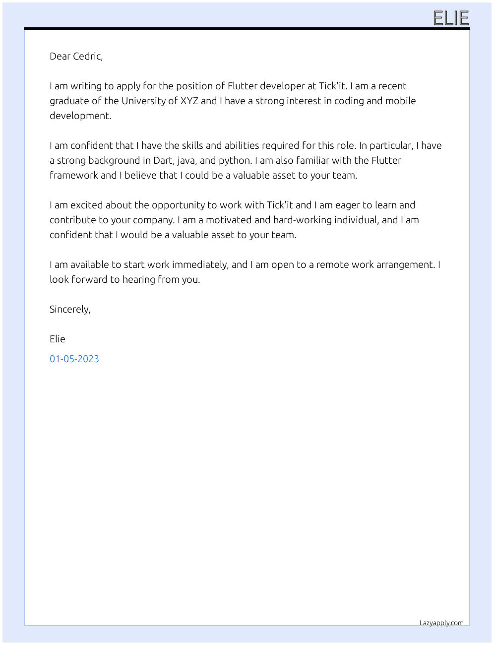 Flutter developer At Tick'it Cover Letter